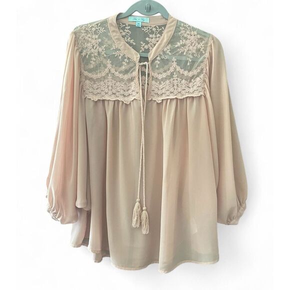 She + Sky Women's Pink Lace Blouse M 70% Silk Boho Peasant Romantic Style - Picture 3 of 5